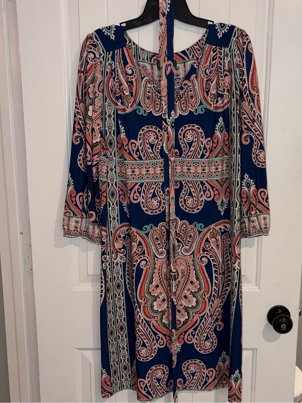 Luxology Navy and Pink Paisley Tie-Neck Midi Dress